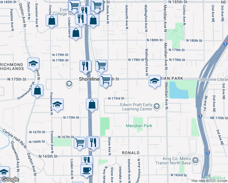 map of restaurants, bars, coffee shops, grocery stores, and more near 1309 North 175th Street in Shoreline