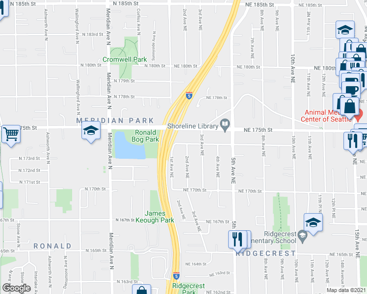 map of restaurants, bars, coffee shops, grocery stores, and more near 121 Northeast 174th Street in Shoreline