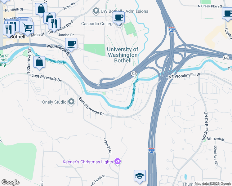 map of restaurants, bars, coffee shops, grocery stores, and more near 11119 Woodinville Drive in Bothell