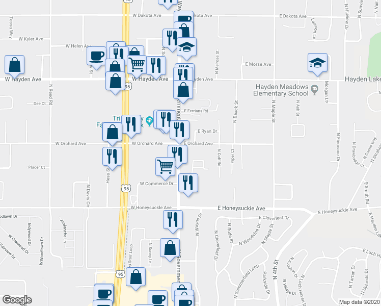 map of restaurants, bars, coffee shops, grocery stores, and more near 58 East Orchard Avenue in Hayden