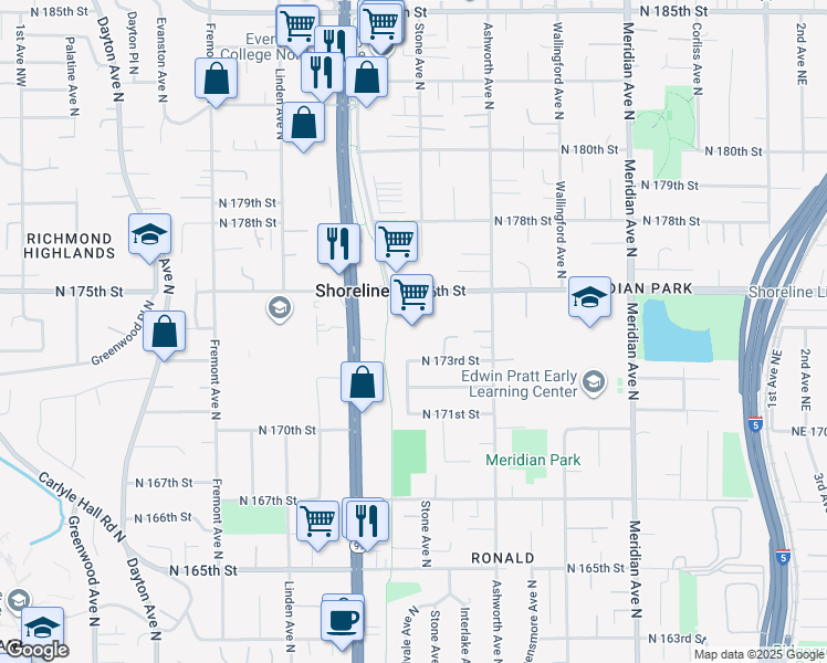 map of restaurants, bars, coffee shops, grocery stores, and more near 1201 North 175th Street in Shoreline