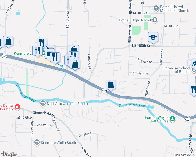 map of restaurants, bars, coffee shops, grocery stores, and more near 8308 Northeast 176th Place in Kenmore