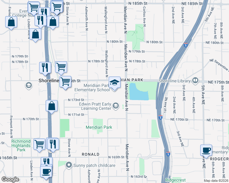 map of restaurants, bars, coffee shops, grocery stores, and more near 17077 Meridian Avenue North in Shoreline