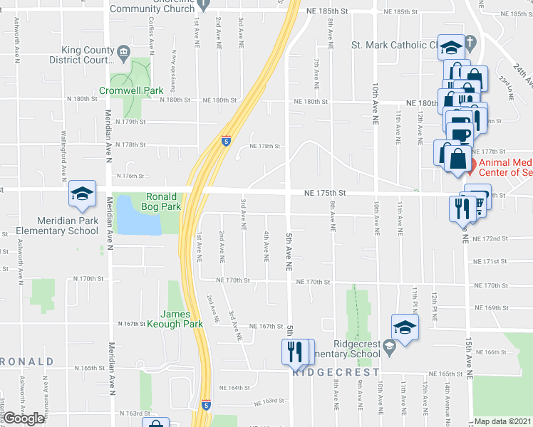 map of restaurants, bars, coffee shops, grocery stores, and more near 4th Ave NE & NE 174th St in Shoreline