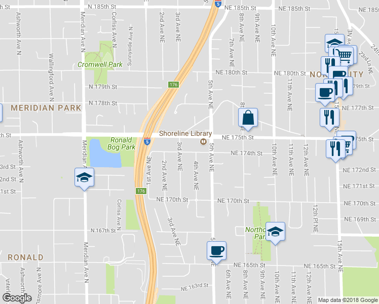 map of restaurants, bars, coffee shops, grocery stores, and more near 318 Northeast 174th Street in Shoreline