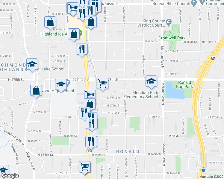 map of restaurants, bars, coffee shops, grocery stores, and more near 1309 North 175th Street in Shoreline