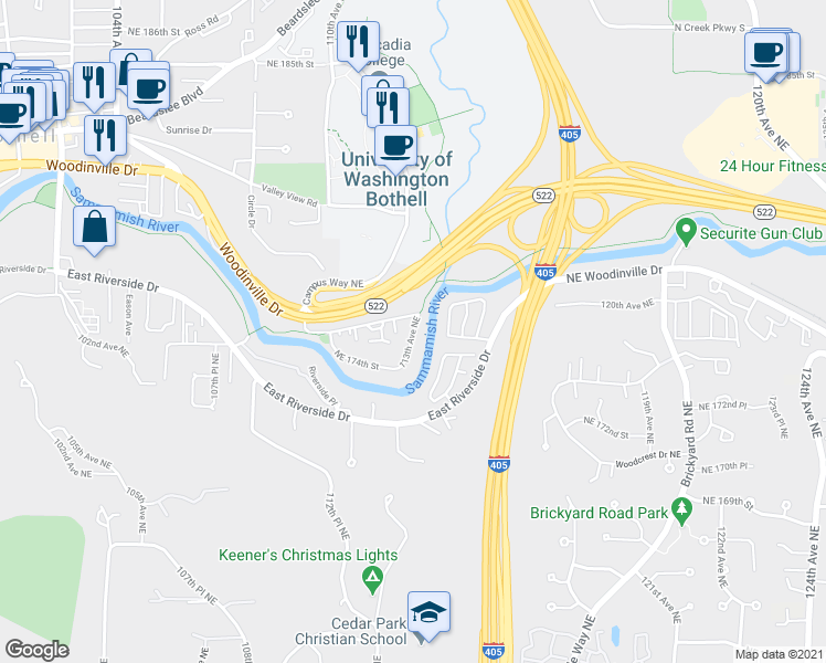 map of restaurants, bars, coffee shops, grocery stores, and more near 17520 113th Avenue Northeast in Bothell