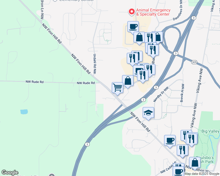 map of restaurants, bars, coffee shops, grocery stores, and more near 1450 Northwest Finn Hill Road in Poulsbo