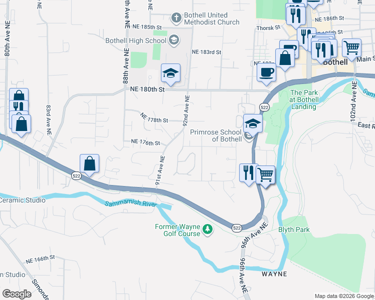 map of restaurants, bars, coffee shops, grocery stores, and more near 17511 92nd Avenue Northeast in Bothell