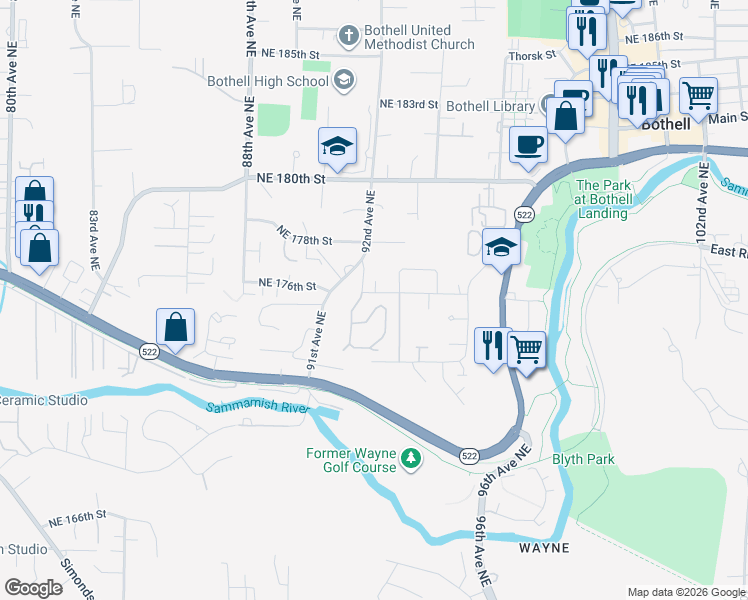 map of restaurants, bars, coffee shops, grocery stores, and more near 9207 Northeast 175th Street in Bothell