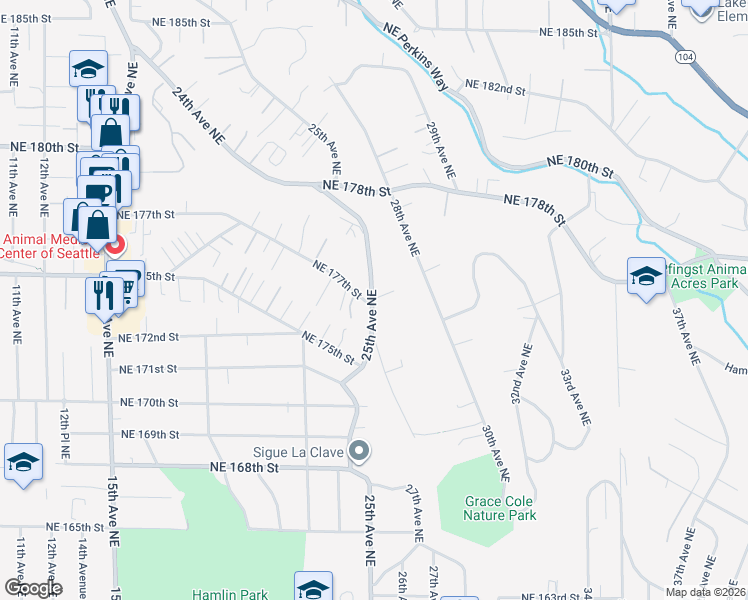 map of restaurants, bars, coffee shops, grocery stores, and more near 17630 25th Avenue Northeast in Lake Forest Park