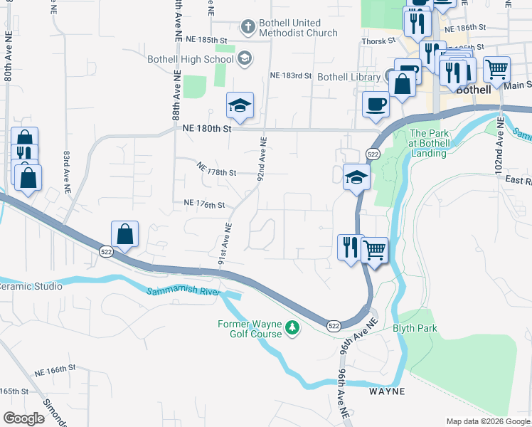 map of restaurants, bars, coffee shops, grocery stores, and more near 9205 Northeast 175th Street in Bothell