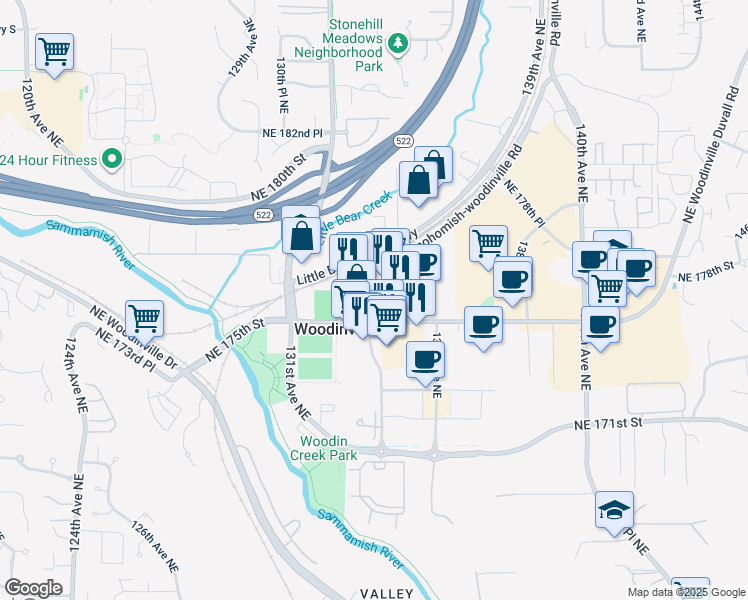 map of restaurants, bars, coffee shops, grocery stores, and more near 13320 Northeast 175th Street in Woodinville