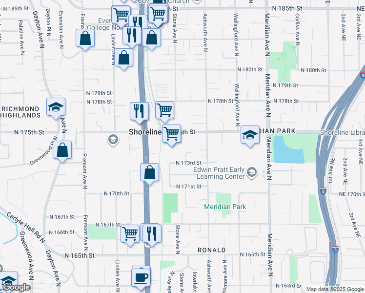 map of restaurants, bars, coffee shops, grocery stores, and more near 1201 North 175th Street in Shoreline