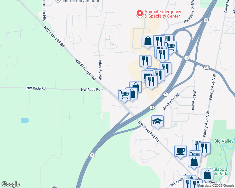 map of restaurants, bars, coffee shops, grocery stores, and more near 1450 Northwest Finn Hill Road in Poulsbo