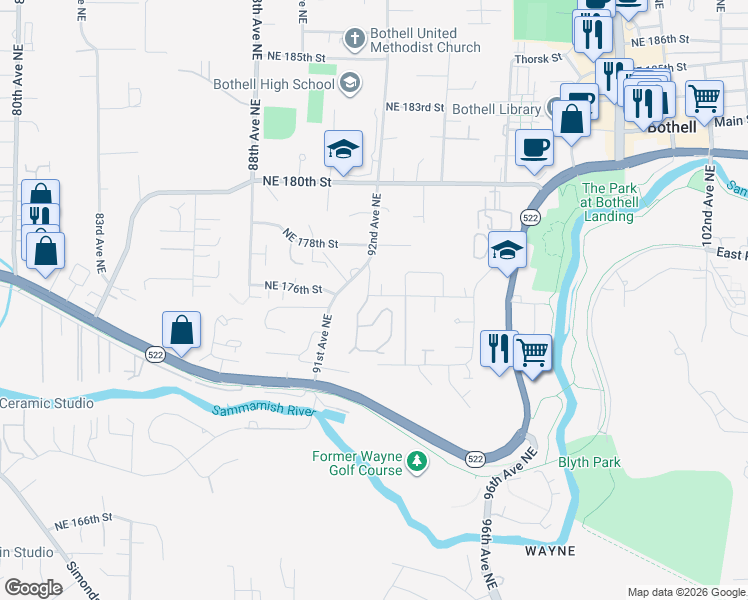 map of restaurants, bars, coffee shops, grocery stores, and more near 17511 92nd Avenue Northeast in Bothell