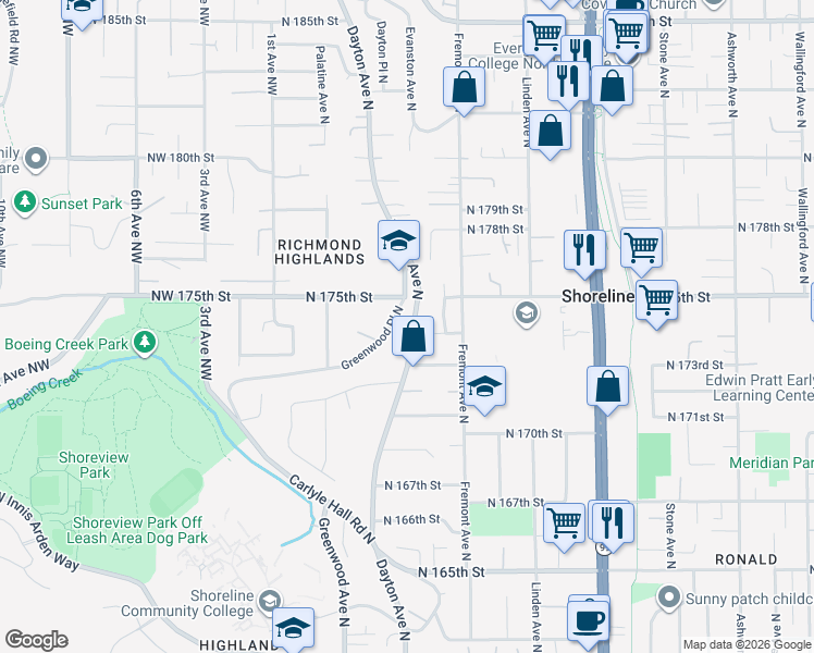 map of restaurants, bars, coffee shops, grocery stores, and more near 17264 Greenwood Place North in Shoreline