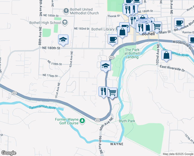 map of restaurants, bars, coffee shops, grocery stores, and more near 9507 Northeast 175th Street in Bothell