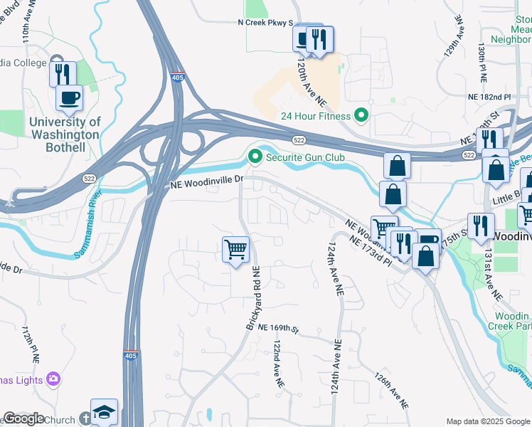 map of restaurants, bars, coffee shops, grocery stores, and more near 12033 Woodinville Drive in Bothell