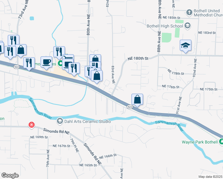 map of restaurants, bars, coffee shops, grocery stores, and more near 17523 83rd Place Northeast in Kenmore