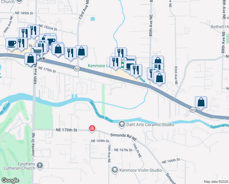 map of restaurants, bars, coffee shops, grocery stores, and more near 7721 Northeast 175th Street in Kenmore