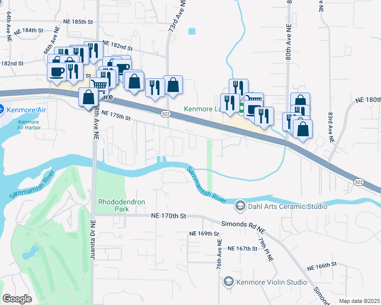 map of restaurants, bars, coffee shops, grocery stores, and more near 7339 Northeast 175th Street in Bothell