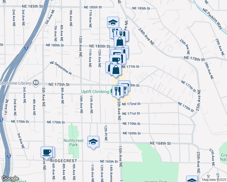 map of restaurants, bars, coffee shops, grocery stores, and more near 17233 15th Avenue Northeast in Shoreline