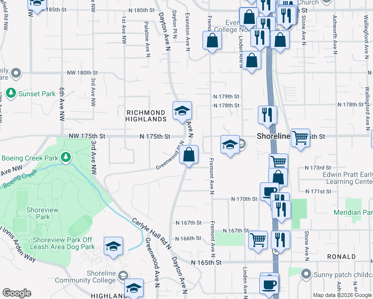 map of restaurants, bars, coffee shops, grocery stores, and more near 17264 Greenwood Place North in Shoreline