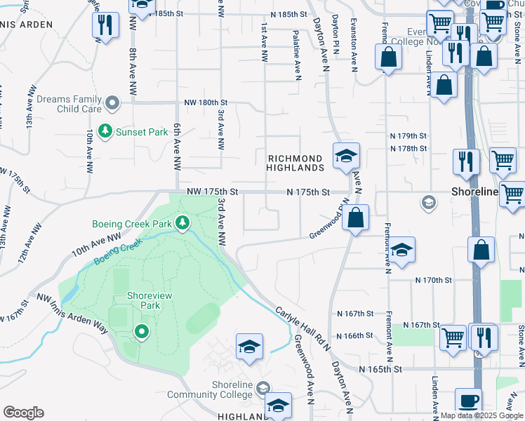 map of restaurants, bars, coffee shops, grocery stores, and more near 17343 1st Avenue Northwest in Shoreline