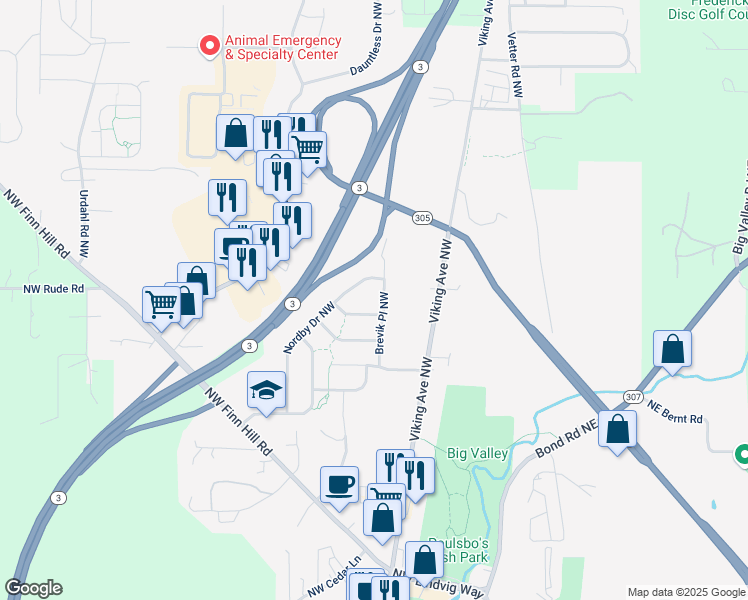 map of restaurants, bars, coffee shops, grocery stores, and more near 21202 Brevik Place Northwest in Poulsbo