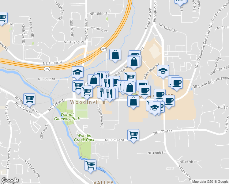map of restaurants, bars, coffee shops, grocery stores, and more near 13410 Northeast 175th Street in Woodinville