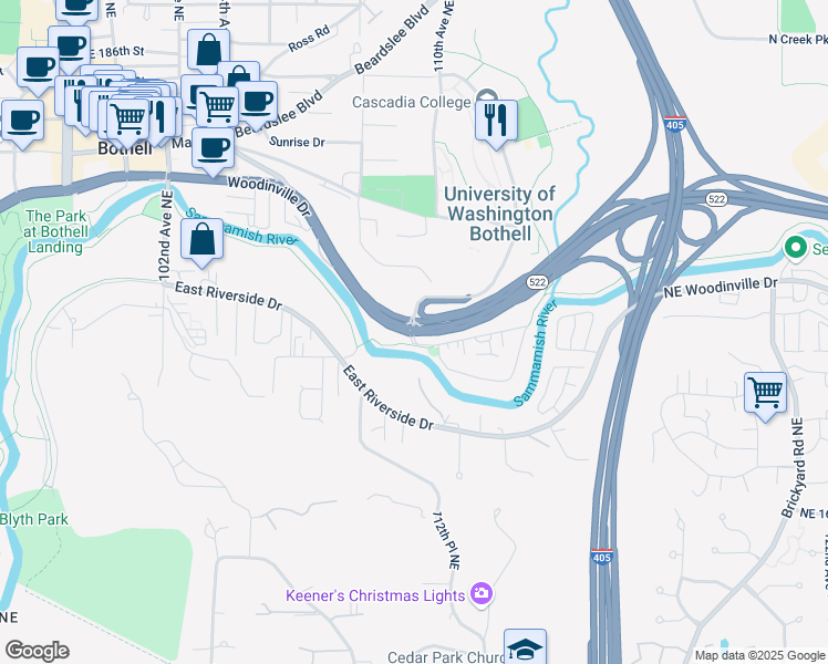 map of restaurants, bars, coffee shops, grocery stores, and more near 6537 Washington 522 in Bothell