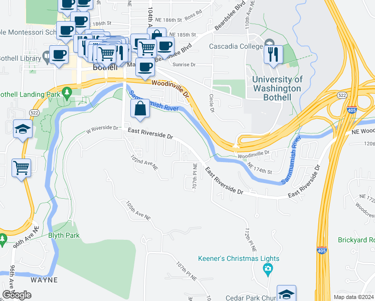 map of restaurants, bars, coffee shops, grocery stores, and more near 10615 East Riverside Drive in Bothell