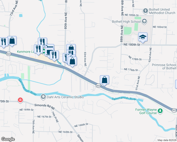 map of restaurants, bars, coffee shops, grocery stores, and more near 8308 Northeast 176th Place in Kenmore