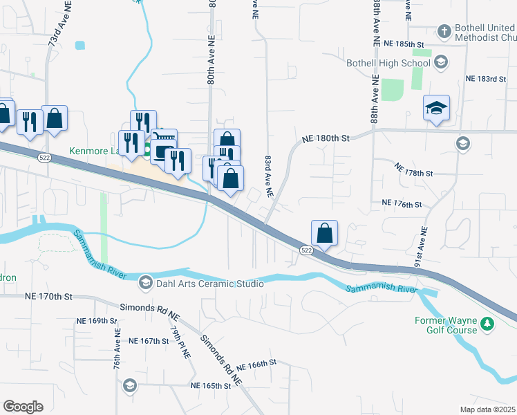 map of restaurants, bars, coffee shops, grocery stores, and more near 17523 83rd Place Northeast in Kenmore