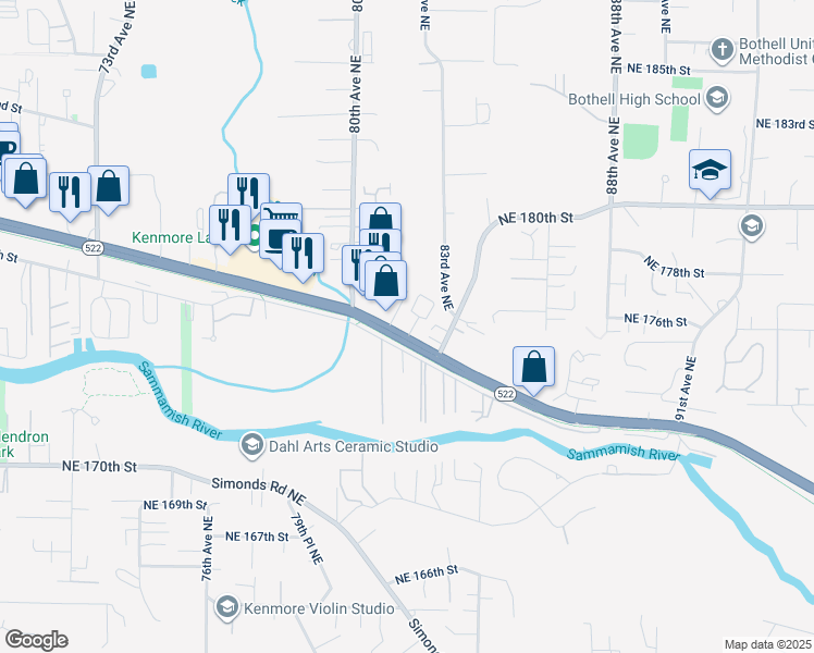 map of restaurants, bars, coffee shops, grocery stores, and more near 17624 80th Court Northeast in Kenmore