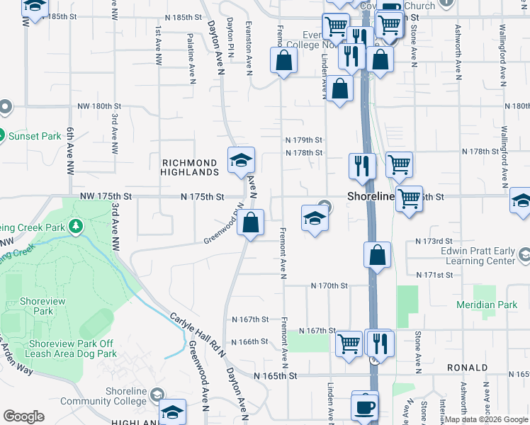 map of restaurants, bars, coffee shops, grocery stores, and more near 17319 Evanston Avenue North in Shoreline
