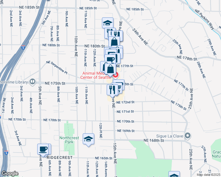 map of restaurants, bars, coffee shops, grocery stores, and more near 17233 15th Avenue Northeast in Shoreline