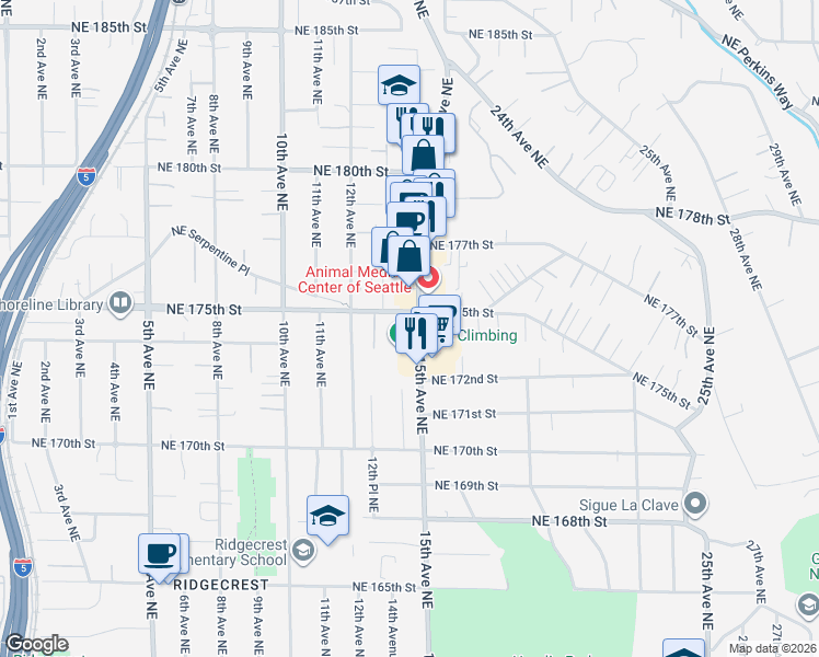 map of restaurants, bars, coffee shops, grocery stores, and more near 17233 15th Avenue Northeast in Shoreline