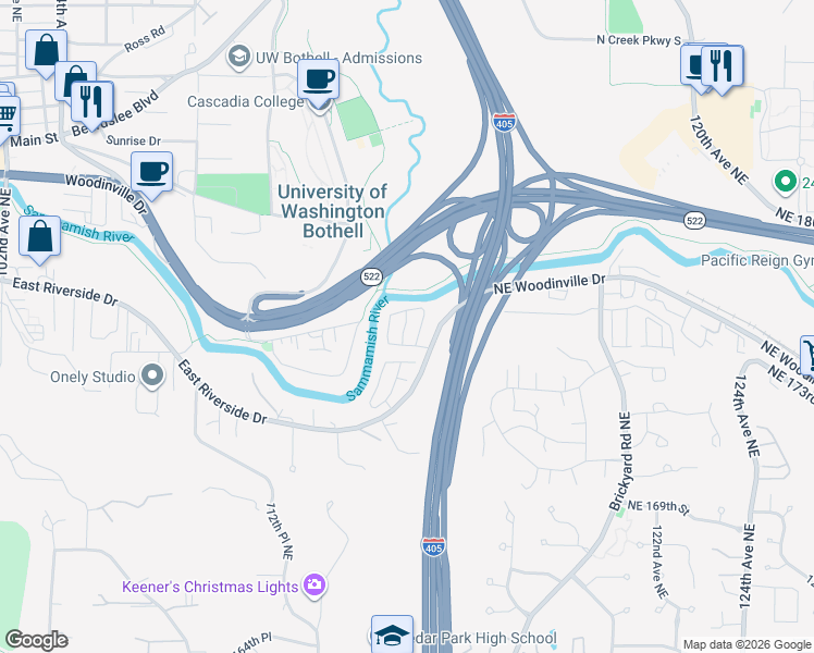 map of restaurants, bars, coffee shops, grocery stores, and more near 11511 Northeast Woodinville Drive in Bothell