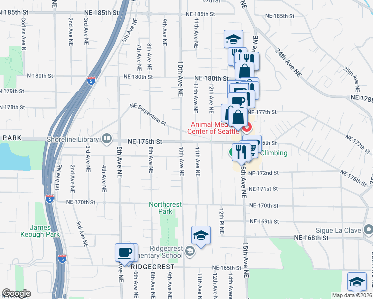 map of restaurants, bars, coffee shops, grocery stores, and more near 17427 10th Avenue Northeast in Shoreline
