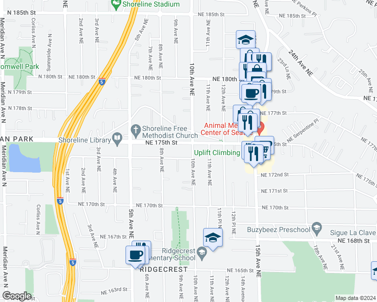 map of restaurants, bars, coffee shops, grocery stores, and more near 17427 10th Avenue Northeast in Shoreline