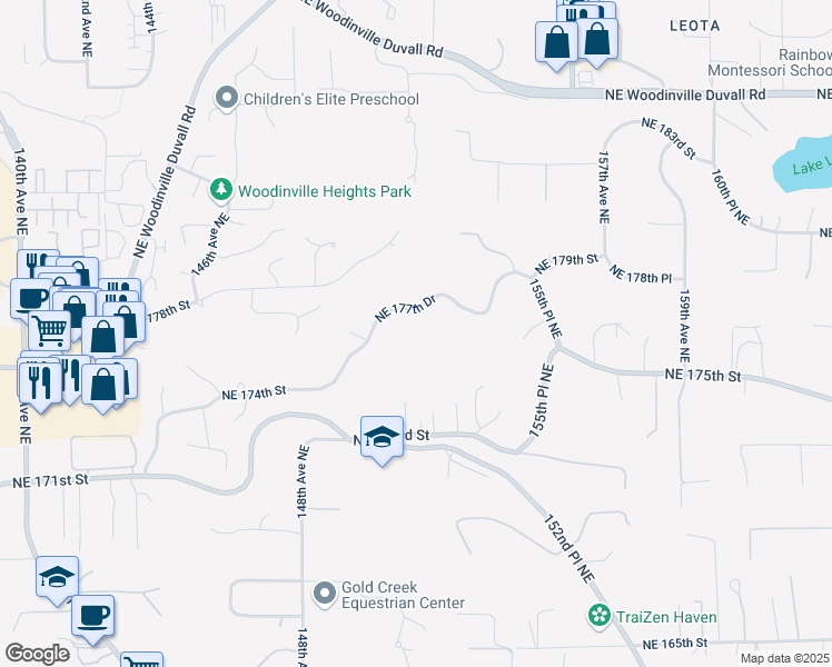 map of restaurants, bars, coffee shops, grocery stores, and more near 15115 NE 177th Dr in Woodinville