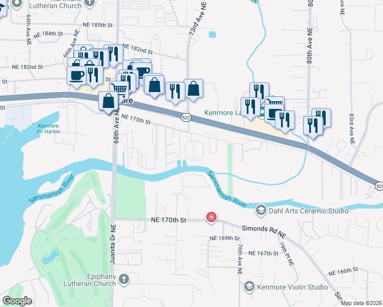 map of restaurants, bars, coffee shops, grocery stores, and more near 7217 Northeast 175th Street in Kenmore