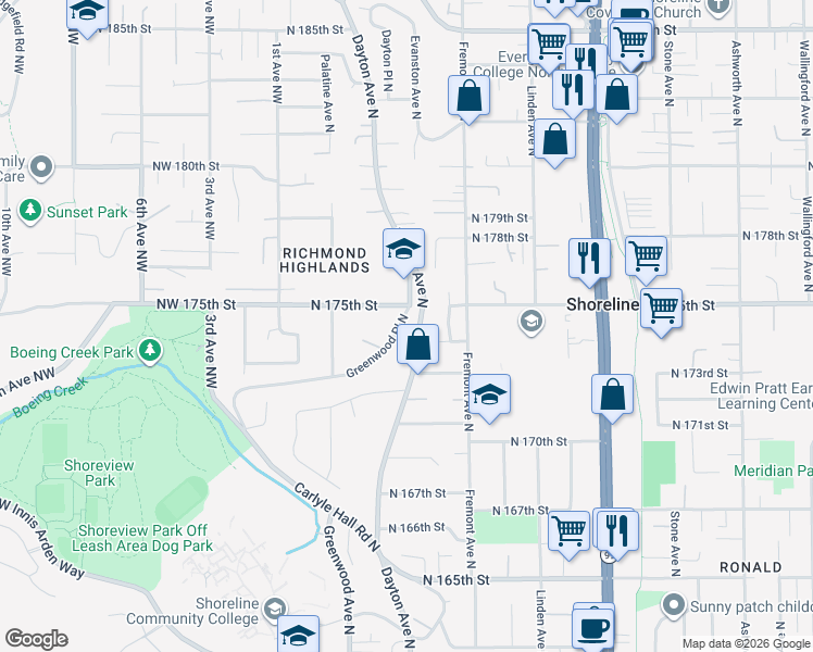 map of restaurants, bars, coffee shops, grocery stores, and more near 17264 Greenwood Place North in Shoreline