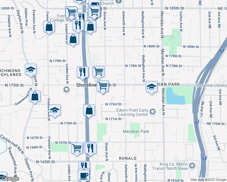 map of restaurants, bars, coffee shops, grocery stores, and more near 1311 North 175th Street in Shoreline