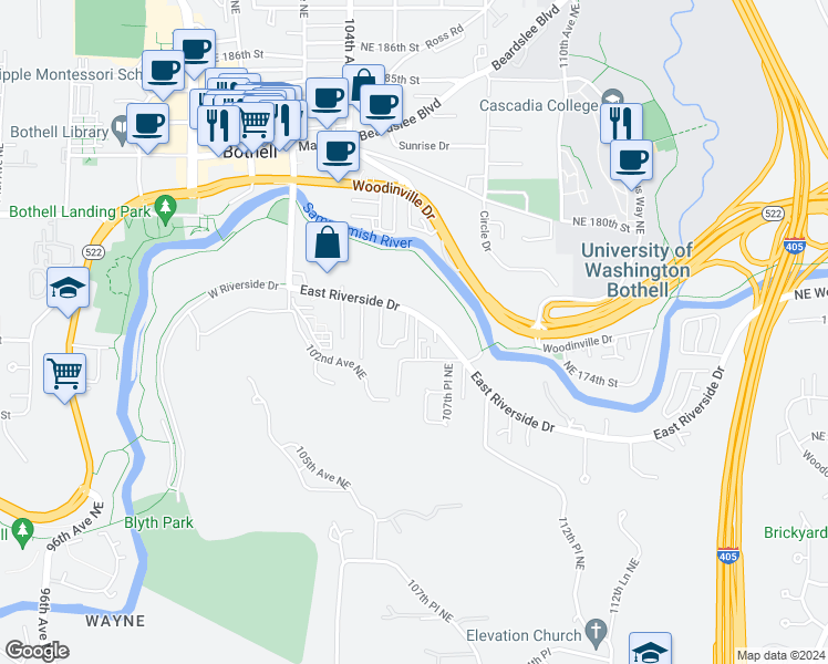 map of restaurants, bars, coffee shops, grocery stores, and more near 10615 East Riverside Drive in Bothell