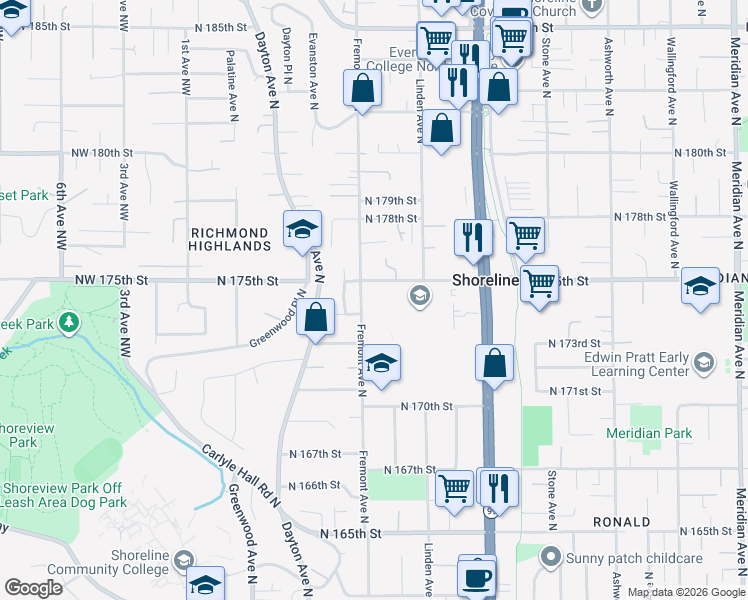 map of restaurants, bars, coffee shops, grocery stores, and more near 17317 Fremont Avenue North in Shoreline