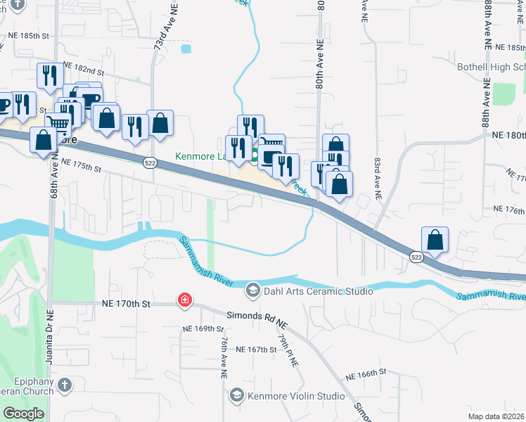 map of restaurants, bars, coffee shops, grocery stores, and more near 7721 Northeast 175th Street in Kenmore