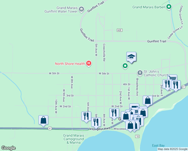 map of restaurants, bars, coffee shops, grocery stores, and more near 419 5th Avenue West in Grand Marais